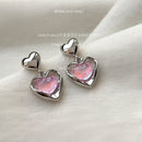 Iridescent Pink Heart Drop Earrings – French Sweet Chic with Edgy Twist accessories