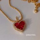 French Luxe Red Heart Pendant Necklace – Dainty Glamour with Full Rhinestones accessories