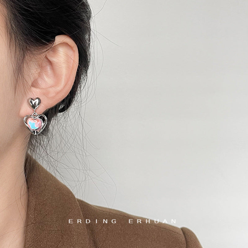 Iridescent Pink Heart Drop Earrings – French Sweet Chic with Edgy Twist accessories