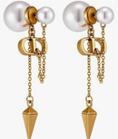 CD logo earrings with chain connect to pearl